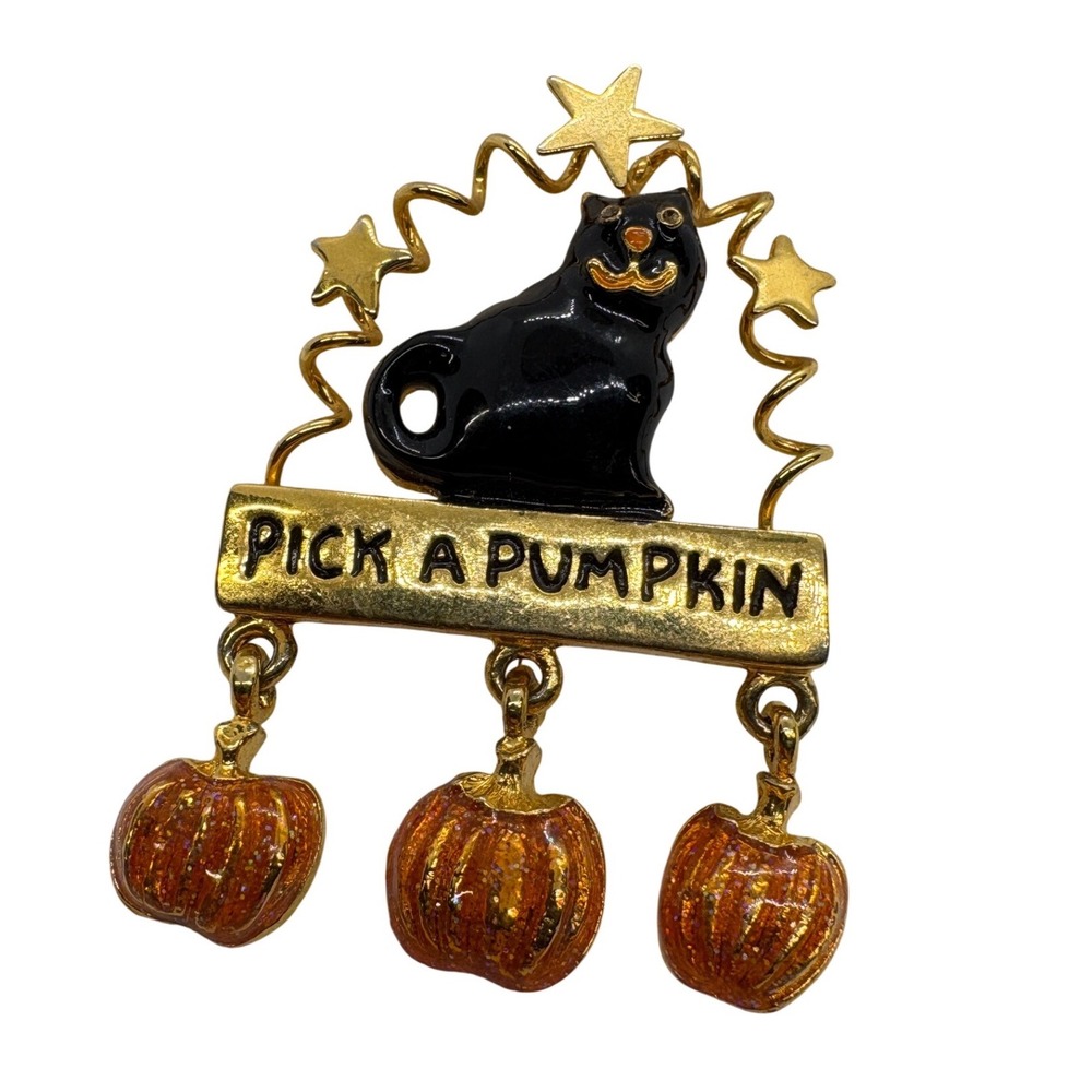 Vintage Halloween Brooch Gold Tone Black Cat Pick A Pumpkin Dangle Pin Enamel
